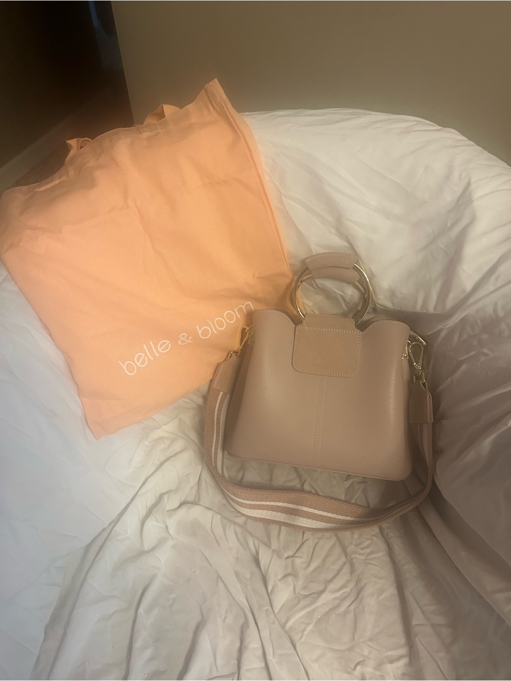 Belle & Bloom Blush Pink Leather Shoulder Bag with Gold Ring Handles
